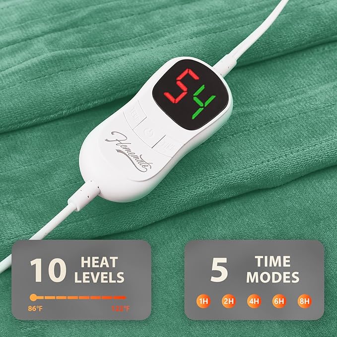 Homemate Electric Heated Blanket Queen Size - 84"x90" Heating Blanket Queen Size Dual Control 1/2/4/6/8 Hours Auto-Off 10 Heat Level Over-Heat Protection Flannel Sherpa ETL Certification