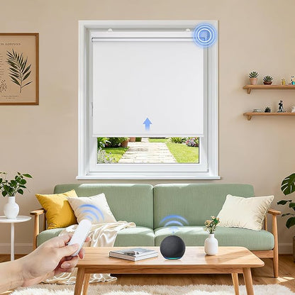 Grandekor Motorized Blinds with Remote | Blackout Cordless Electric Roller Shade Window Treatments, Compatible with Alexa/Google Assistant, for Bedroom, Living Room & Office,White|24" W x 72" H