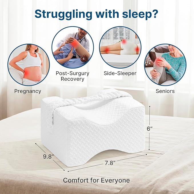 Knee Pillow for Side Sleepers-Memory Foam Leg Pillow for Between Legs-Sciatica,Hip&Back Pain Relief,Spinal Alignment Leg Cushion,White