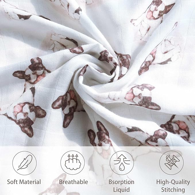 LifeTree Baby Swaddle Blankets Dog, Muslin Swaddle Blankets Boys Girls Swaddling Wrap Receiving Blanket for Newborn, 70% Viscose from Bamboo and 30% Cotton, Large 47" x 47", French Bulldog