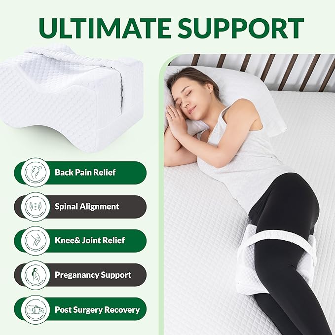 Knee Pillow for Side Sleepers - Between Legs Pillow for Side Sleeping, Back & Sciatica Pain Relief, Joints & Hip, Charcoal Memory Foam Leg Cushion, with Straps & Removable Cover (White)