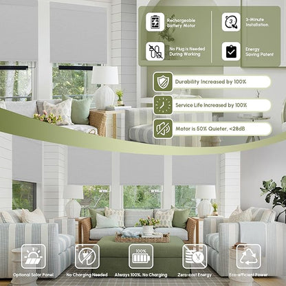 FineTell Motorized Blinds with Remote, 100% Blackout Roller Shades Compatible with Alexa,Apple Homekit,Google Home APP and Voice Control, Customized Electric Blinds (100% Blackout Pure Light Grey)