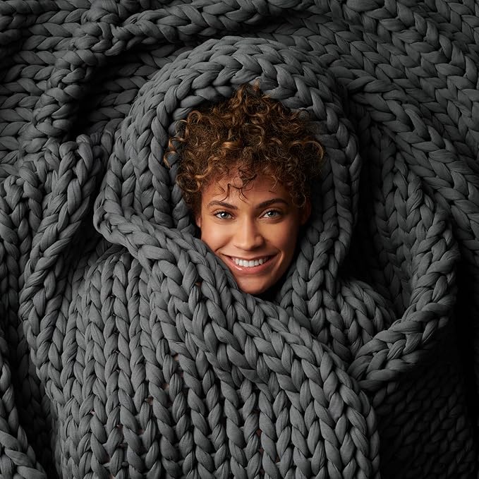 Bearaby Cotton Hand-Knit Weighted Blankets for Adults - Chunky Knit Blanket - Sustainable, Breathable, Organic, Cooling Weighted Blanket - Machine Washable (Asteroid Grey, 15 lbs, 40"x72")