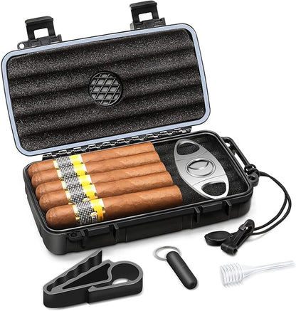 Flauno Travel Cigar Humidor Case - Portable Cigar Box kit with Humidifier Disc, Cigar Cutter, Cigar Punch, Cigar Holder & Dropper, Waterproof, Crushproof, Airtight (Holds up to 5 Cigars)