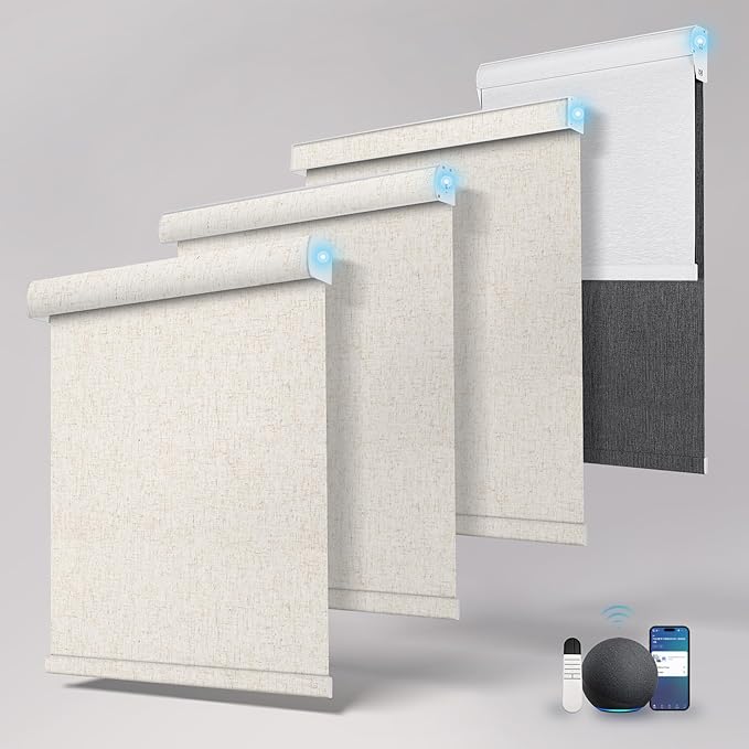 BERISSA Motorized Blinds with Remote,Blackout Smart Roller Shades with App,Voice Control,Linen Fabric,Thermal Insulated Automatic Blinds,Electric Shades with USB/Solar Pannel.Linen Beige White