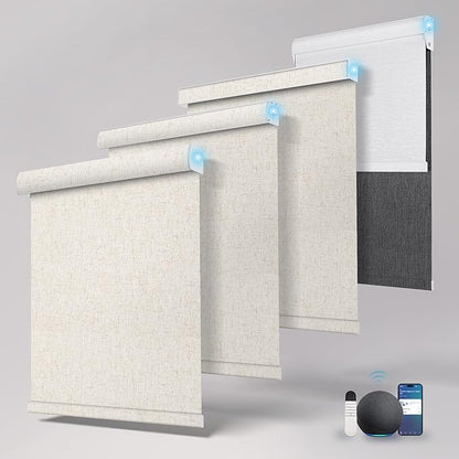 BERISSA Motorized Blinds with Remote,Blackout Smart Roller Shades with App,Voice Control,Linen Fabric,Thermal Insulated Automatic Blinds,Electric Shades with USB/Solar Pannel.Linen Beige White