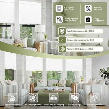 FineTell Motorized Blinds with Remote, 100% Blackout Roller Shades Compatible with Alexa,Apple Homekit,Google Home APP and Voice Control, Customized Electric Blinds (100% Blackout Classic White)