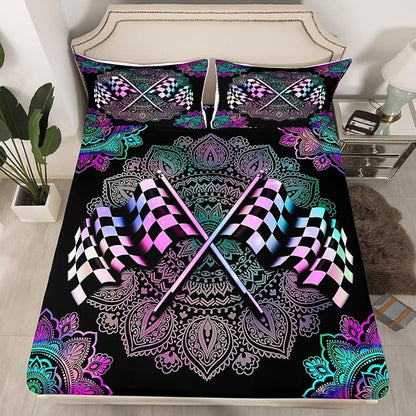 Exotic Bohemian Lotus Mandala Fitted Sheet Queen Size Black White Checkered Flag Print Bedding Sheet Set Racing Car Bed Cover Ultra Soft Breathable Bedding 3 Pcs