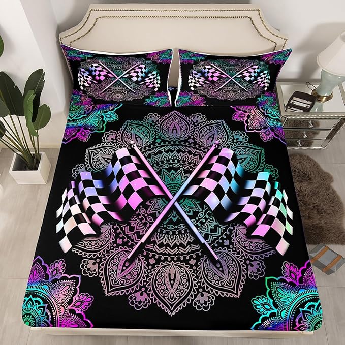 Black White Checkered Flag Print Fitted Sheet Full Size Exotic Bohemian Lotus Mandala Collections Racing Car Bedding Deep Pocket for Children Teens Young with 2 Pillowcases