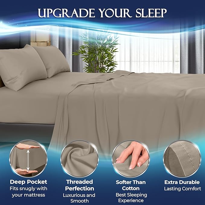 DECOLURE Cooling Bed Sheets Twin Set 3pcs - Luxurious & Ultra-Soft Twin Size Cooling Sheets for Hot Sleepers - Comfortable Cool Bamboo Viscose Microfiber Sheets Twin Size w/Deep Pockets (Beige)