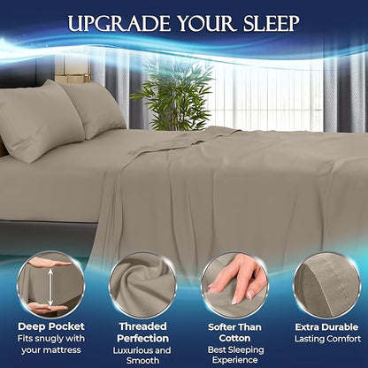 DECOLURE Cooling Bed Sheets King Set 4pcs - Luxurious & Ultra-Soft King Size Cooling Sheets for Hot Sleepers - Comfortable & Cool Bamboo Viscose Microfiber Sheets King Size w/Deep Pockets (Beige)