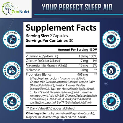 Sleep Prime Vegan Natural Sleep Aid for Adult Extra Strength - Deep Sleep Supplement - Herbal Sleeping Pill - Stress Relief - Melatonin, GABA - 60 Veggie caps