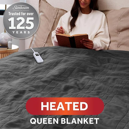 Sunbeam Royal Ultra Fleece Heated Electric Blanket Queen Size, 90" x 84", 12 Heat Settings, 12-Hour Selectable Auto Shut-Off, Fast Heating, Machine Washable, Warm and Cozy, Iron