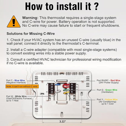 WiFi Thermostats for Home Single-Stage 1Heat/ 1Cool, APP Remote Control, 7-Day or 0-Day Programmable. (C-Wire Required)