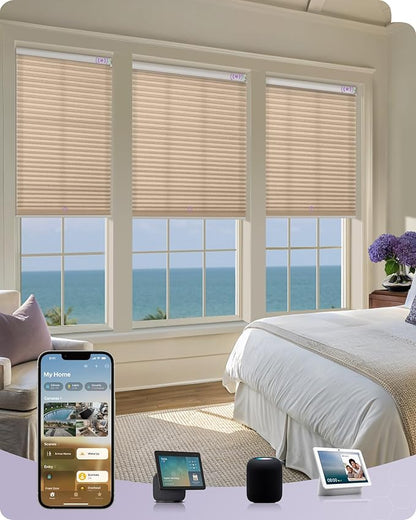 Graywind Motorized Matter Cellular Shades- 60% Blackout 1-3/4"Cell Honeycomb Blinds for Indoor Windows, Compatible with Alexa Google Siri, Custom Size,Melange Coffee