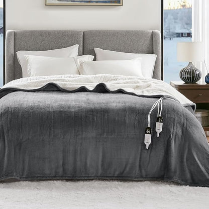Degrees of Comfort Electric Heated Blanket Queen Size with Dual Control - Soft Flannel Heating Blankets with 6 Heat Settings, 10-Hour Auto Shut-Off, Overheat Protection, ETL Certified - 84x90'', Grey