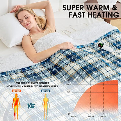 Blue Heated Blanket Electric Throw 50X60 Heating Throw with 10 Levels 8 Hours Auto Off, Plaid Sherpa Blanket Winter Warmer, Christmas Housewarming Gifts for Women Mom, Home Decor for Couch Bed Office