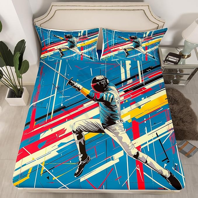 Manfei Fencing Fitted Sheet Full Size, Sports Theme Bedding Set 3pcs, Fencer Player Sword Fighting Bed Cover with 2 Pillowcases, Kids Boys Teens Adults Room Decor, Soft Bedding(No Top Sheet)