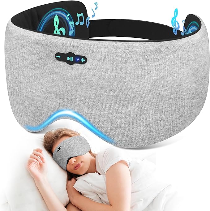 Sleep Mask with Headphones Bluetooth 6.0, 20H Playtime Sleeping Headphones with HD Stereo Speakers for Side Sleepers, Adjustable Blackout Silk Eye Mask for Travel Meditation, Gifts for Women Men(Grey)
