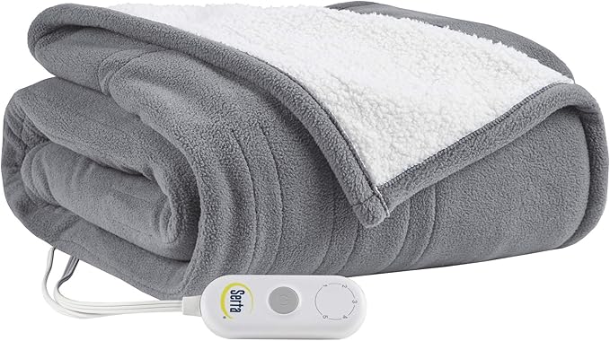 Serta Reversible Fleece to Sherpa Electric Throw Blanket, Fast Heating, Auto Shut Off Timer, Multi Heat Setting, ETL Certified, Machine Washable, Grey 50"x 60"