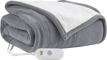 Serta Reversible Fleece to Sherpa Electric Throw Blanket, Fast Heating, Auto Shut Off Timer, Multi Heat Setting, ETL Certified, Machine Washable, Grey 50"x 60"