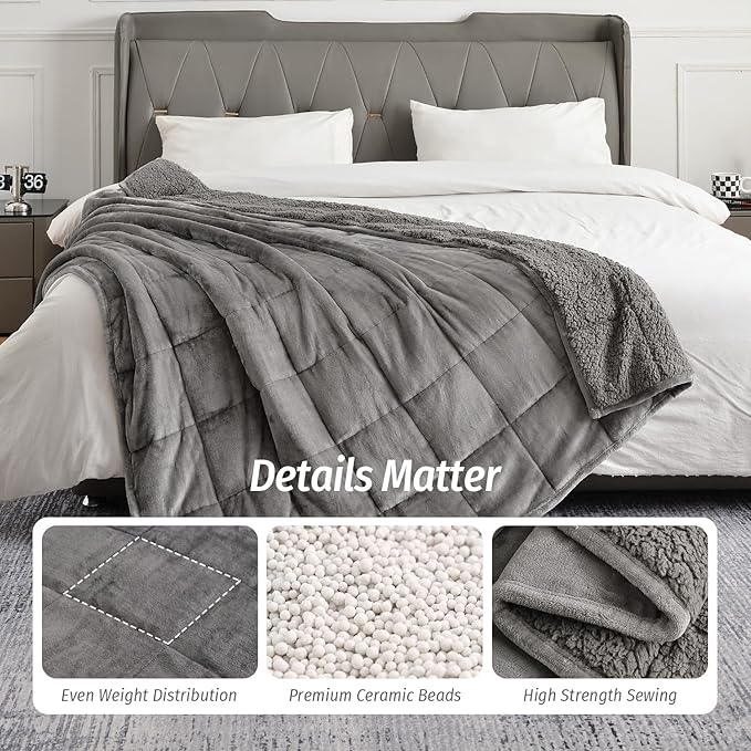 Wemore Sherpa Fleece Weighted Blanket for Adult, 20 lbs Dual Sided Cozy Fluffy Heavy Blanket, Ultra Fuzzy Throw Blanket with Soft Plush Flannel Top, 60 x 80 inches Grey on Both Sides