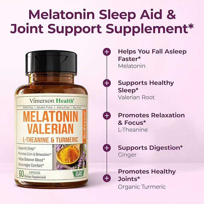 Melatonin 3mg Sleep Aid with L-Theanine & Valerian Root – Turmeric Curcumin Supplement with Ginger & Black Pepper – Organic Turmeric Supplement for Sleep, Calm and Stress Relief Support – 60 Capsules