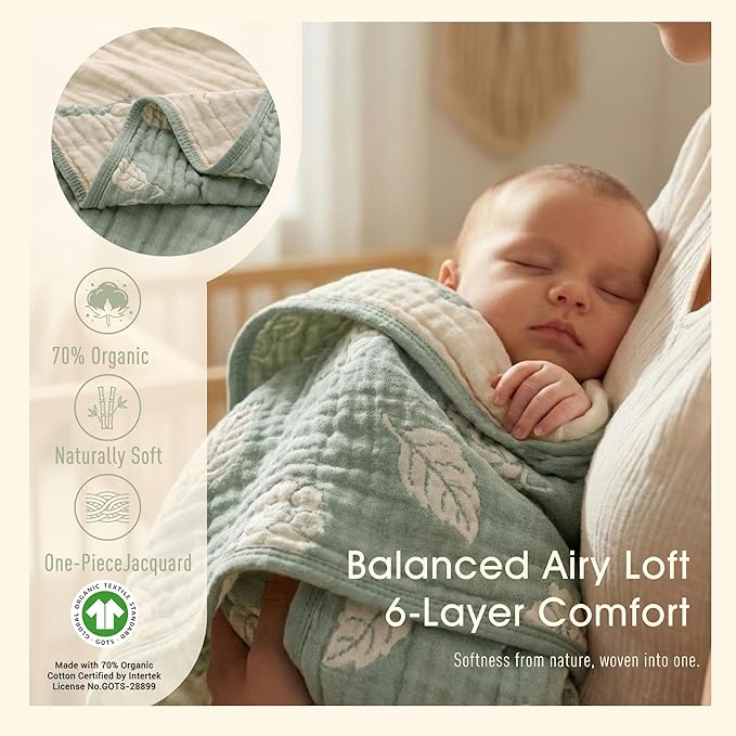 Botanical Muslin Baby Blanket - Made with Organic Cotton, Sage Green Leaf Jacquard for Gender Neutral Nursery, Baby Registry Gift, 43x43 Inches (Terra Sage Green)