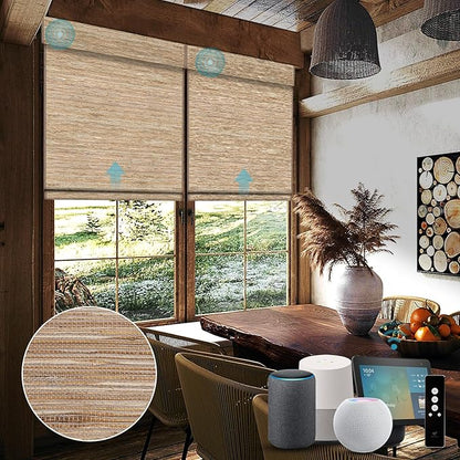 SmartWings Motorized Natural Woven Wood Shades for Windows Work with Matter Thread Homekit Z-Wave Alexa Google, 50%/70%/100% Blackout Electric Auto Roman Shades Cordless Remote Customized, Linen 005
