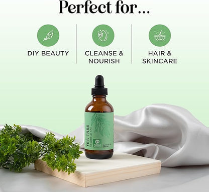 Pure Tea Tree Oil for Hair Skin and Nails - 100% Pure Undiluted Tea Tree Essential Oil with Dropper for Topical Uses Aromatherapy Diffusing and Home and Beauty DIYs - Vegan and Cruelty Free (4 Fl Oz)