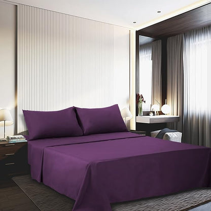 4 Piece Bed Sheet Set (Queen,Purple) 1 Flat Sheet,1 Fitted Sheet and 2 Pillow Cases,Brushed Microfiber Luxury Bedding with Deep Pockets