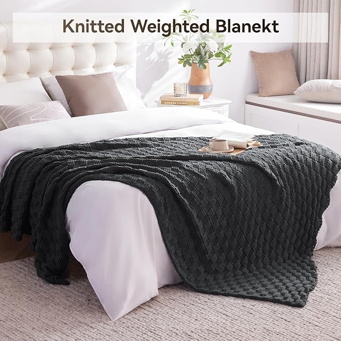 Knitted Weighted Blanket for Adult, No Beads Heavy Blanket 50” x 60'' 10lbs, Breathable Chunky Knit Blanket, Cooling Weighted Blanket for Hot Sleepers, Christmas Home Decor (Dark Grey)
