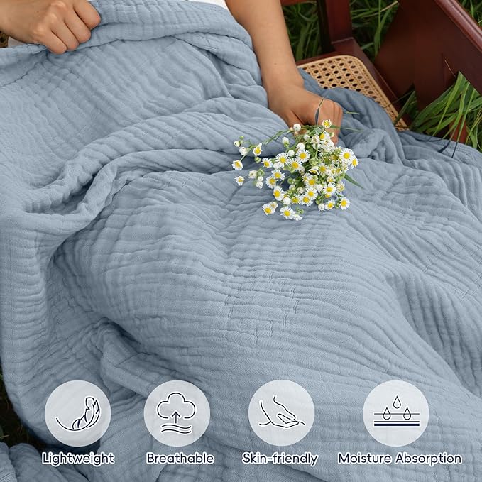 PHF Cooling Muslin Blanket Queen Size 90"x80", 6-Layer Lightweight Gauze Blanket Made from 35% Rayon Derived from Bamboo & 65% Cotton, Breathable & Ultra Soft Cozy for Hot Sleepers, Dusty Blue