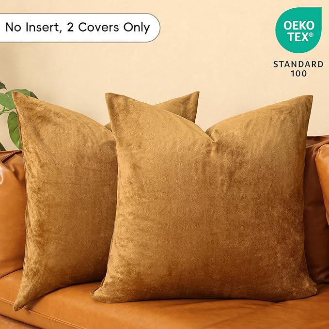 PHF Super Soft Velvet Throw Pillow Covers, 24"x24", No Insert, 2 Pack Color Gradient Cushion Covers, Ultra Soft Cozy Square Shell for Home Decorative, No Shedding, No Pilling, Brownish Camel