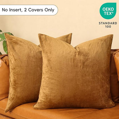 PHF Super Soft Velvet Throw Pillow Covers, 24"x24", No Insert, 2 Pack Color Gradient Cushion Covers, Ultra Soft Cozy Square Shell for Home Decorative, No Shedding, No Pilling, Brownish Camel
