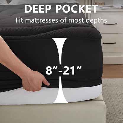 Full Size Mattress Pad Waterproof, Cooling Mattress Topper for Double Bed, Pillow Top Quilted Fitted Mattress Protector Cover with 8-21" Deep Pocket (54x75 inch, Black)