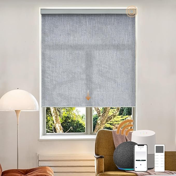 Motorized Light Filtering Roller Shades with Remote Control, Electric Smart Shades Compatible with Alexa and Google, Rechargeable, Customizable Size(Textured Bluish Gray)