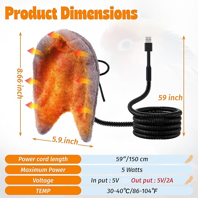 Dreyoo Snuggle Up Bird Cage Heater for Parrot and Small Birds,5V Low Voltage Heated Bird Perch with Constant Temperature Control & Anti Bite Line, Cozy Corner Warmer Blanket Cage Accessory(8.5" × 6")