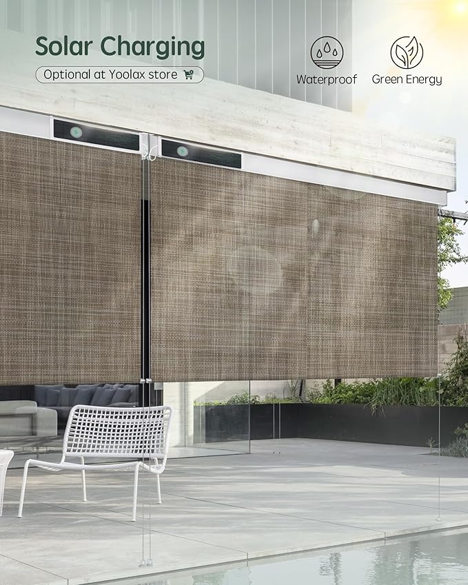 Yoolax Customized Motorized Outdoor Shades, Smart Blinds Compatible with Alexa Google, Remote Control Waterproof Blinds for Patio Porch Windows Outside (5% Openness Minty Oat Latte)