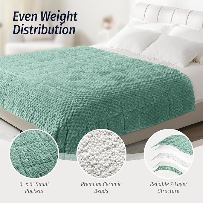 Wemore Fleece Weighted Blanket for Adults (60" x 80" 15lbs, Green), Dual Sided Cozy Soft Sherpa Heavy Blanket, 3D Imitation Turtle Shell Warm Jacquard Flannel Weighted Blankets for Couch and Bed