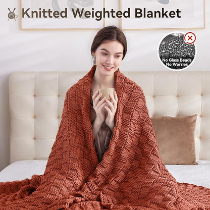 Knitted Weighted Blanket for Adult, No Beads Heavy Blanket 50” x 60'' 10lbs, Breathable Chunky Knit Blanket, Cooling Weighted Blanket for Hot Sleepers, Christmas Home Decor (Orange)