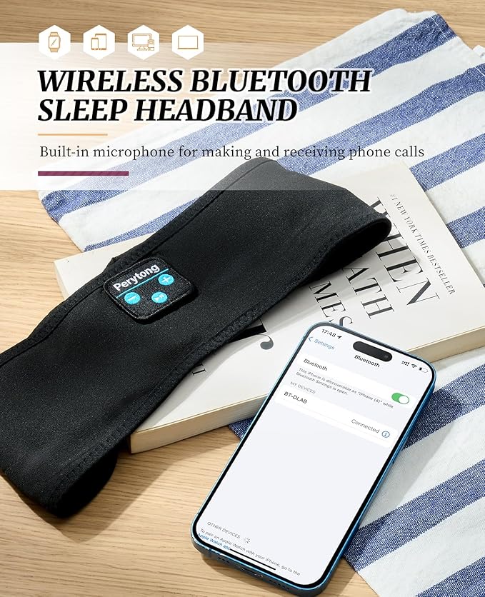 Perytong Sleep Headphones for Sleeping, Bluetooth Wireless Sports Headband, Cozy Lightweight Headband Headphones Hi-Fi Stereo Ergonomic ASMR Sleep Headphone Cool Gadget Gift for Women Men