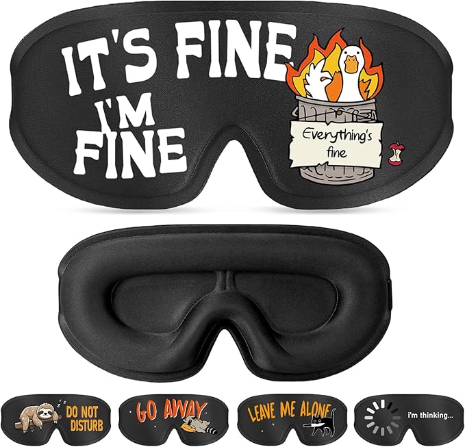 Funny 3D Zero Pressure Sleep Eye Mask for Men Women Side Sleeper, Adjustable Blackout Soft Breathable Eye Masks for Travel Nap Night Sleep, Humorous Gift Stocking Stuffers (I'm Fine)
