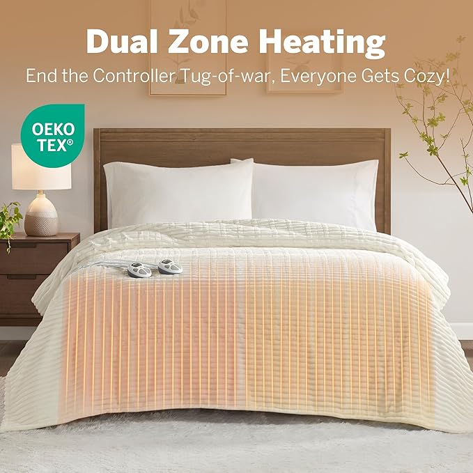 Serta Electric Blanket, Soft, Ribbed, Plush Heating Blanket Queen for Office, Couch, 1-12 hr Auto Shut Off Timer, 10 Lv Heating, ETL Certified, Queen 84"x90" Marshmallow