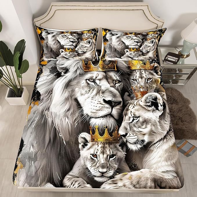 Manfei Lion Family Kids Fitted Sheet Queen Size,Gold King and Queen Crown Bedding Set,Boys Men Room Decor,Tropical Wild African Animal Hunting Adventure Bed Cover,Grey Bed Sheet,2 Pillowcases