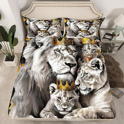 Manfei Lion Family Kids Fitted Sheet Queen Size,Gold King and Queen Crown Bedding Set,Boys Men Room Decor,Tropical Wild African Animal Hunting Adventure Bed Cover,Grey Bed Sheet,2 Pillowcases