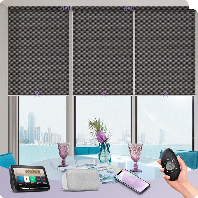 Graywind Motorized Solar Shades Light Filtering Mesh Shade Compatible with Alexa Google Remote Control Window Blinds with Valance for Smart Home Office Business, Custom Size (5% Openness Rock Black)