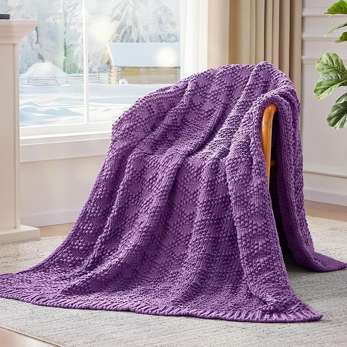 Knitted Weighted Blanket for Adult, Chunky Knit Weighted Throw for Sleep 60"*80" 17lbs, Cooling Breathable Machine Washable Heavy Blanket for Room Decor (Purple, Queen)