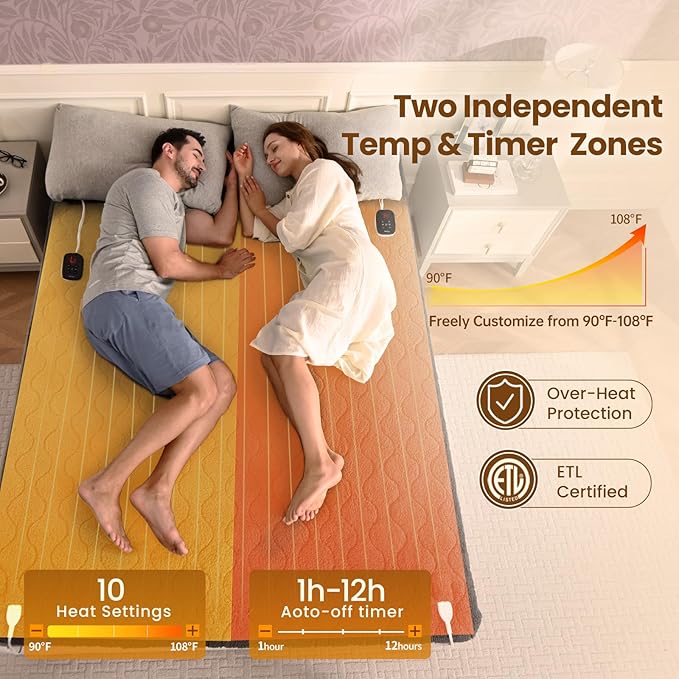 Bearhug Electric Heated Mattress Pads King Size Dual Controllers 78”×80” Sherpa Bed Warmer 21” Deep Pocket 10 Heat Settings 12-Hour Timer Machine Washable Gray