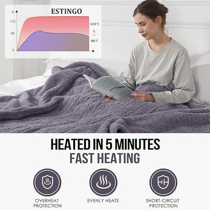 ESTINGO Electric Throw Blanket, Heated Blanket Sherpa with 4 Hours Auto Off & 5 Heating Levels, Washable Heating Throw with Overheat Protection for Home Use, Ideal Gift, 50"x60", Gray Violet